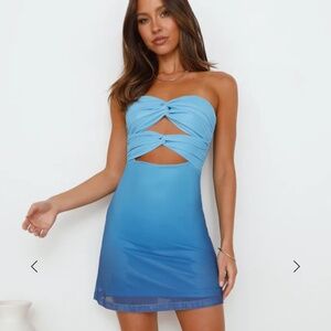 HELLO MOLLY LONG TEXT STRAPLESS MESH MINI DRESS BLUE